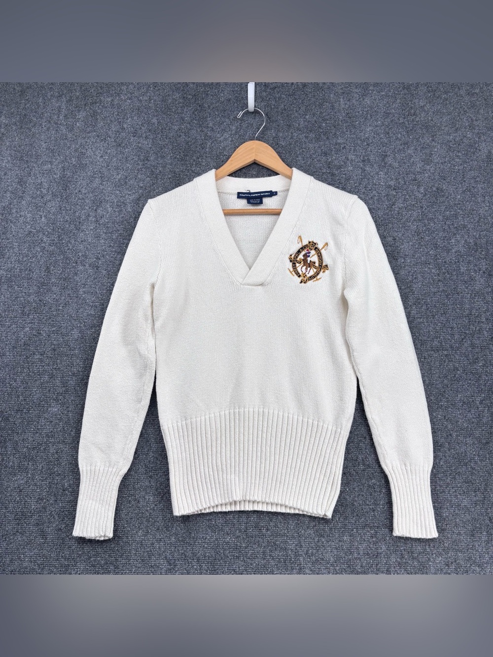 VTG Ralph Lauren Sport Old Money Ivy League White V Neck Sweater Women’s L